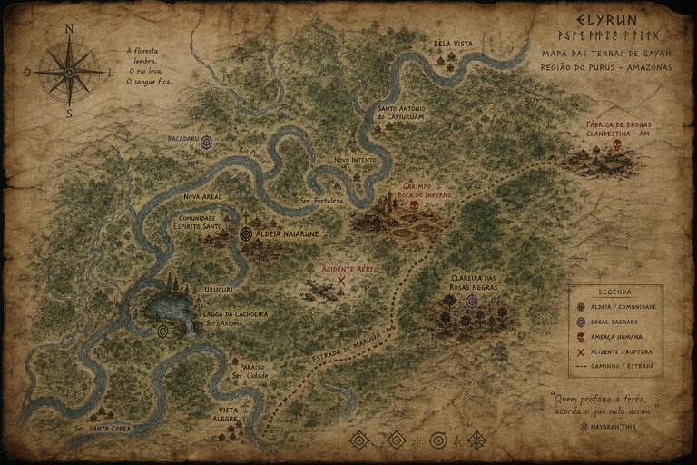 Mapa ilustrado das Terras de Gayah, na região do Purus, com rios, aldeias, caminhos e lugares do universo de Elyrun.